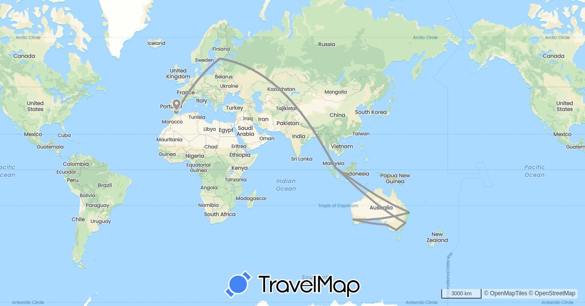 TravelMap itinerary: driving, bus, plane in Australia, Spain, Finland, Singapore (Asia, Europe, Oceania)